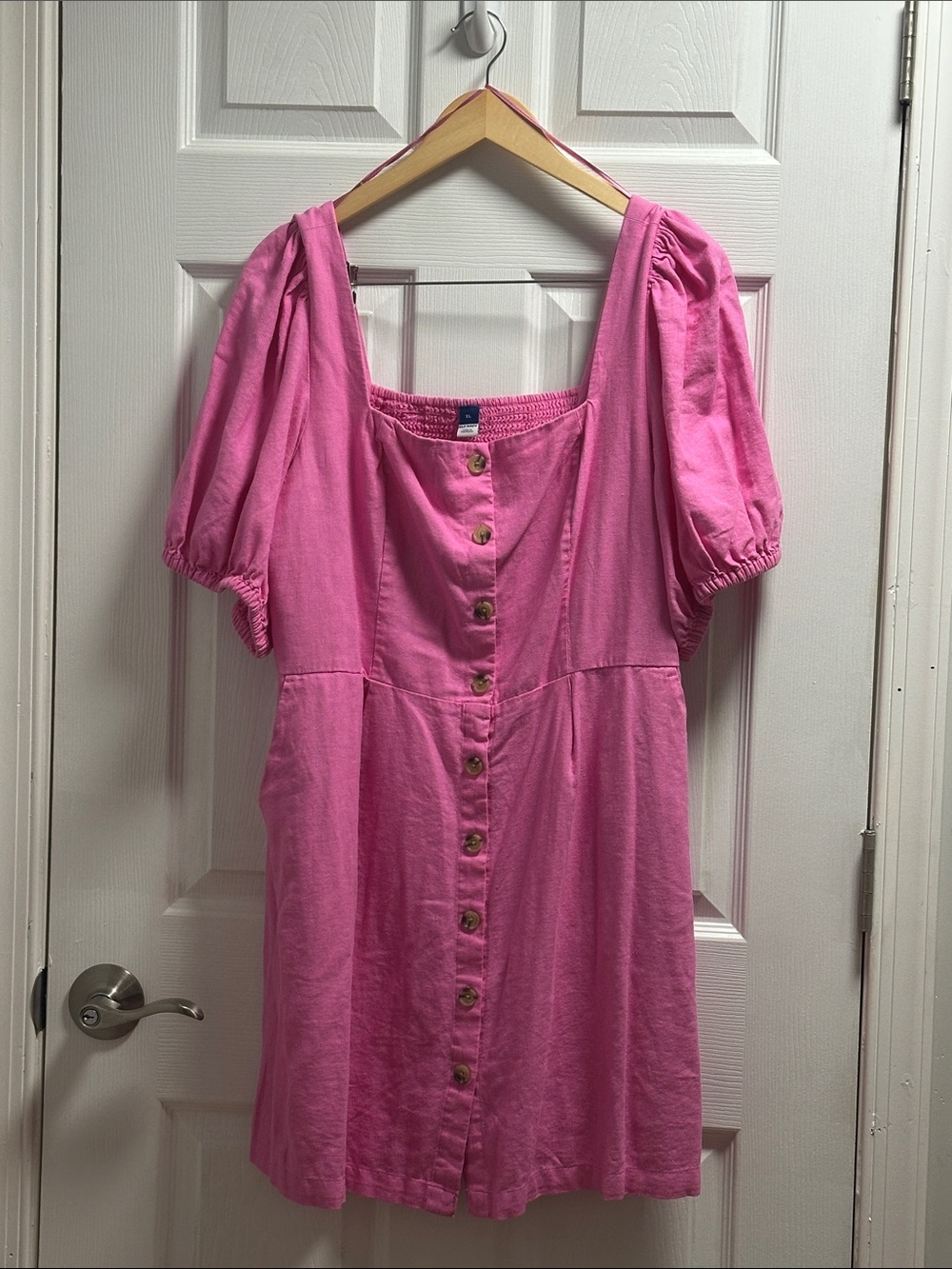 Old Navy Hot Pink Button-Front Mini Dress with Puff Sleeves